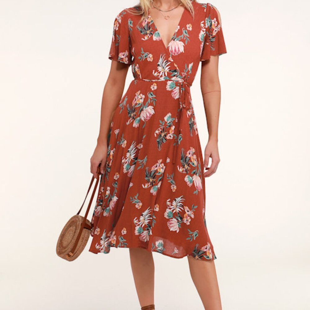 Lulus Jet Set For Sun Rust Red Tropical Print Wrap Midi Dress - Size L